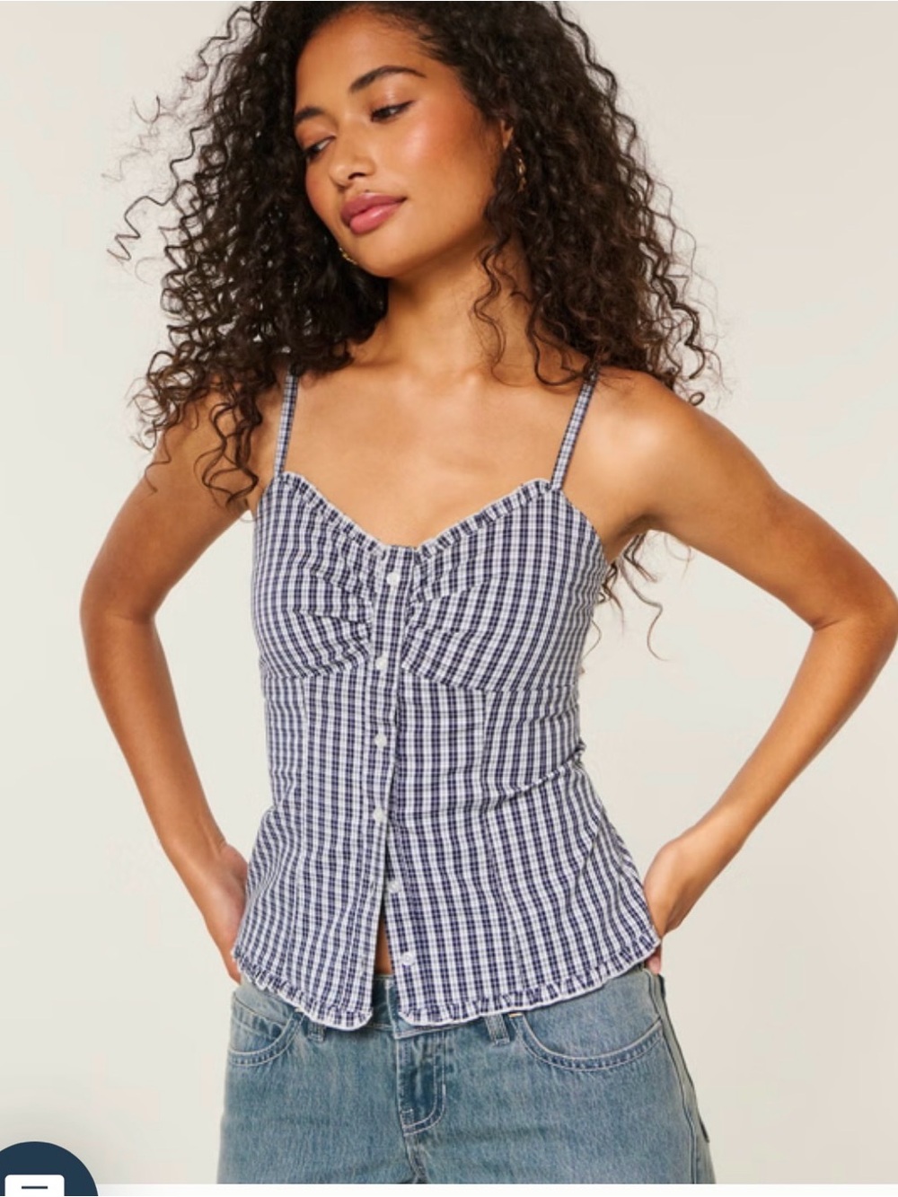 Blue Gingham Button-Front Spaghetti Strap Top